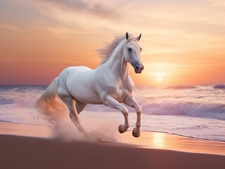 Beautiful white horse galloping along the beach. Generative AI. - obrazy, fototapety, plakaty