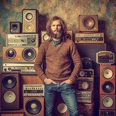 Man with beard standing in front of hifi speakers wearing jeans, generative AI