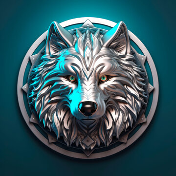 Wolf, silver metal game emblem, cyberpunk style game badges on transparent background. Made with Generative AI