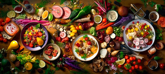 Various plates with different foods on them, including meat and vegetables ,colorful food platter textures. Generative Ai. 