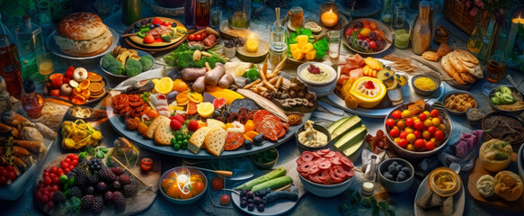 Fototapeta na wymiar Various plates with different foods on them, including meat and vegetables ,colorful food platter textures. Generative Ai. 