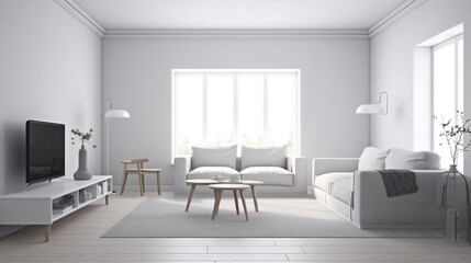 Naklejka na ściany i meble white, minimalistic, Scandinavian, living room, interior design, clean, simplicity, elegance, functionality, modern, Nordic, cozy, natural light, neutral, calm, serene, spacious, organized, furniture