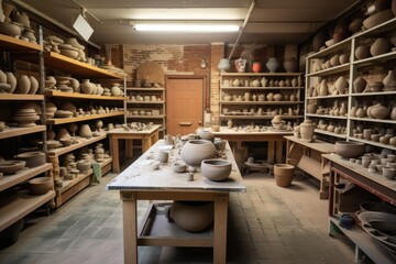 a pottery studio with a variety of clay and ceramic pieces on display, created with generative ai
