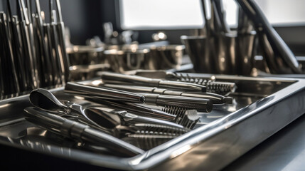 Close up view of set of various stainless steel instruments in dental clinic. Generative ai.
