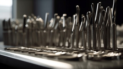 Close up view of set of various stainless steel instruments in dental clinic. Generative ai.