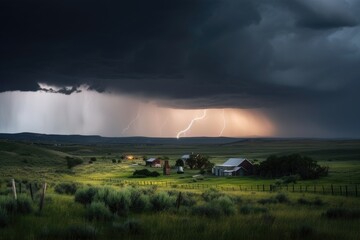 rural setting with stormy sky, lightning strikes, and rolling thunder, created with generative ai