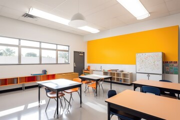 modern, minimalist classroom with clean lines and pops of color, created with generative ai
