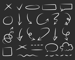 Hand drawn signs for social networks. Brush stoke, speech bubble, line, cute doodle glitter pen line elements. Vector set with lines and arrows