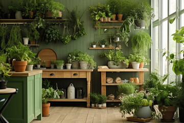 A room with some plants on the shelves