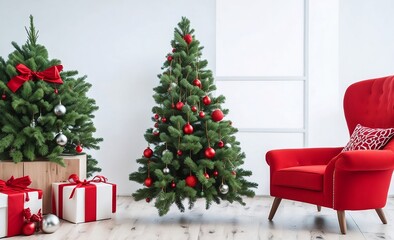 Fototapeta na wymiar Modern room interior with Christmas tree and gift boxes, Generative AI