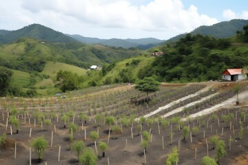 Fototapeta na wymiar reforestation project, with view of completed projects visible in the background, created with generative ai
