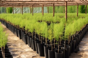 tree nursery with young trees being nurtured for future planting, created with generative ai