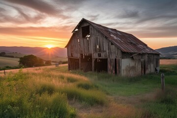 Obraz premium rustic barn, with view of sunrise, surrounded by rolling hills, created with generative ai