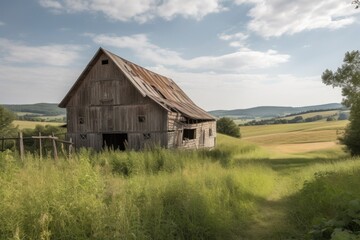 Fototapeta na wymiar rustic barn, with view of rolling hills and fields, creating a serene atmosphere, created with generative ai