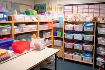 school supplies being organized in classroom in preparation for new school year, created with generative ai