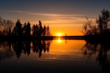 Fototapeta premium sunset over calm lake, with water reflections and silhouettes of trees, created with generative ai
