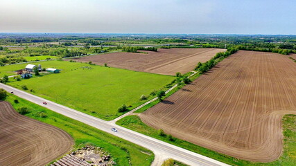 Aerial view of farmland in the Duffins Rouge Agricultural Preserve, Durham County, Ontario, Canada. Spring 2023 © Bob