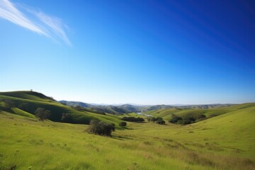serene landscape with rolling hills and clear blue sky, created with generative ai