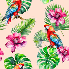 Obraz premium Exotic seamless pattern graphic. Parrots, leaves and flowers. Vector illustration for backgrounds, textiles and apparel. Palms, monstera and orchids. Hawaii plants. Jungle aesthetic.