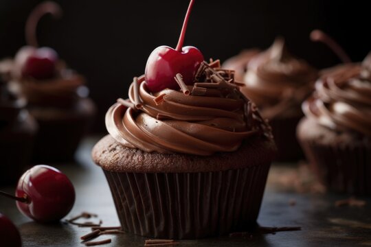close-up of cupcake with swirls of chocolate frosting and cherry on top, created with generative ai