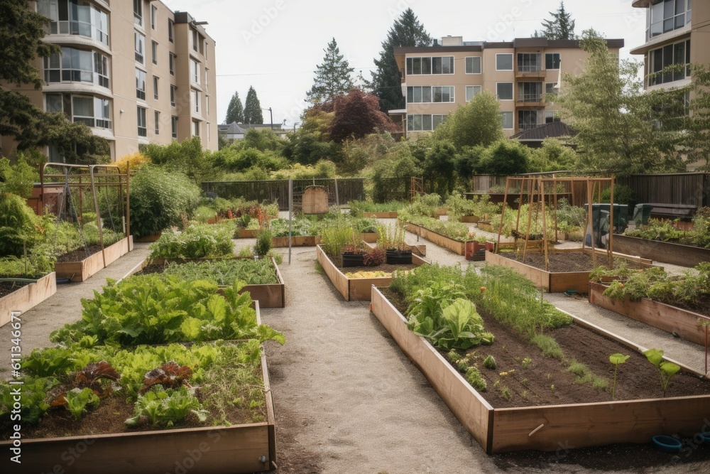 Wall mural a community garden with raised beds and a variety of vegetables, herbs, and fruits, created with gen