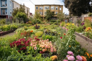 a view of a community garden, with colorful vegetable and flower gardens visible, created with generative ai