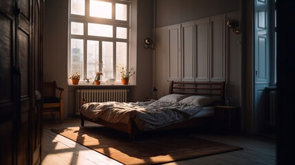Comfortable big bed in bedroom with morning sun shining. Generative ai.