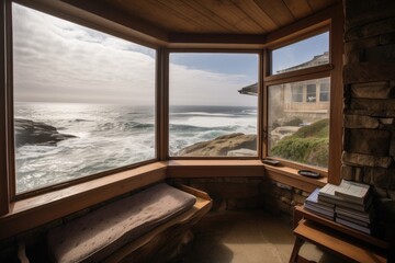 Fototapeta na wymiar cozy reading nook with a view of the ocean, waves crashing on the rocks, created with generative ai