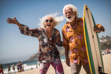 A senior couple on the beach with a surfboard having fun. Generative AI