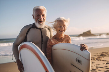 Fototapeta premium A senior couple on the beach with a surfboard having fun. Generative AI
