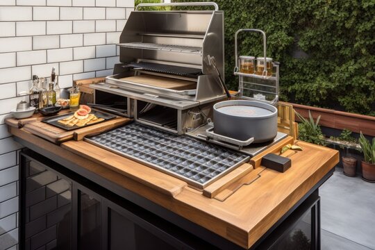 custom-built cooking station with grill, waffle iron, and pancake dispenser, created with generative ai