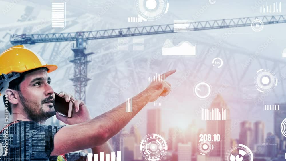 Poster future building construction and inventive engineering project concept with hud hologram graphic des