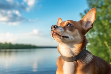 Enchanting Chihuahua Gazing Skyward against a Scenic Lake backdrop, Generated Ai