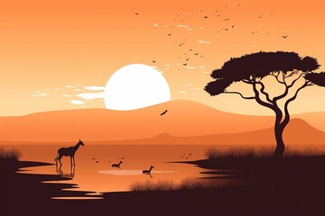 The illustration of landscape in savanna, AI contents by Midjourney