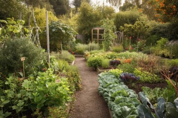 permaculture garden with fruit trees, vegetables, and herbs, created with generative ai
