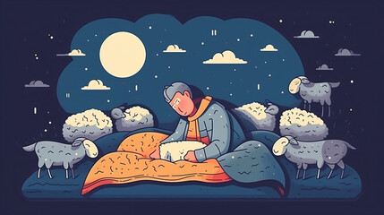 Concept of insomnia. Man lies under covers on bed and looks out window at sheep. Mental disorder and psychology. Wrong daily routine and sleep problems. Generative ai.