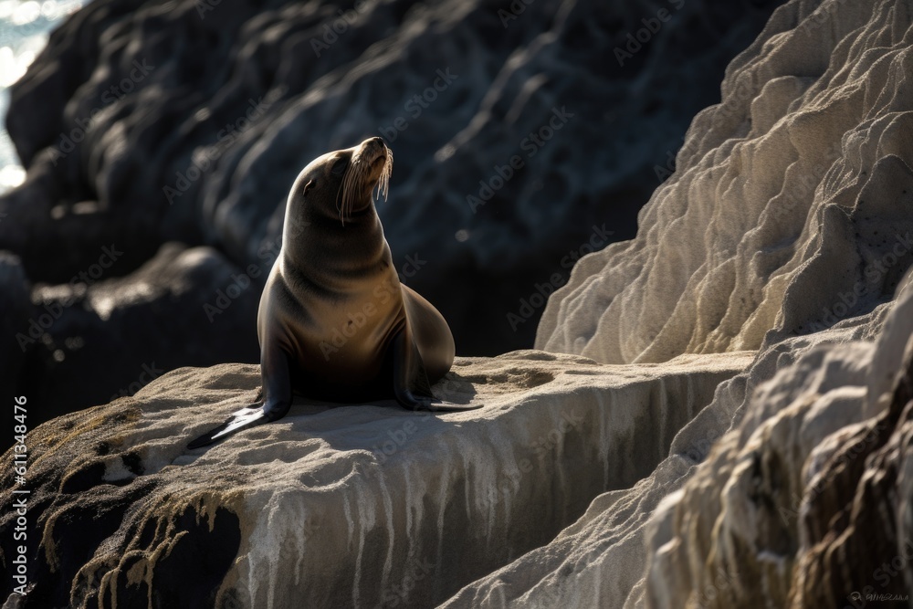 Poster sea lion basking in the sunshine on a rocky outcrop, created with generative ai