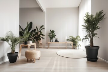 Fototapeta premium minimalist interior with potted plants and modern furniture, created with generative ai