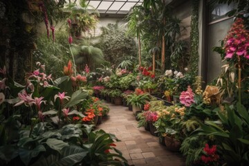 vibrant indoor garden filled with diverse plant life, including foliage and blooming flowers, created with generative ai