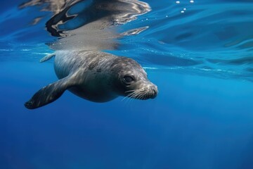 Fototapeta premium marine mammal swimming through clear blue water, created with generative ai