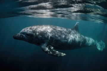 marine mammal swimming in crystal-clear water, with its streamlined body and fins visible, created with generative ai