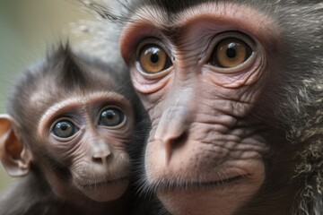 close-up of mother and baby monkey's faces, with the baby looking at its mother, created with generative ai