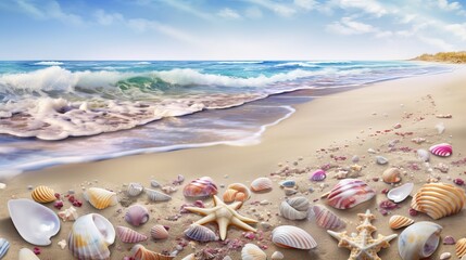 Fototapeta na wymiar Immerse Yourself in the Ultra-Detailed Beauty of a Beach - HD Stock Image with Stunning Accuracy and Vibrant Colors - shells on the beach, Generative AI