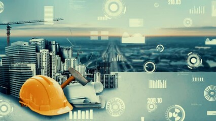 Innovative architecture and inventive civil engineering plan building construction project. Creative graphic design showing concept of infrastructure city building by architect, worker and engineer.