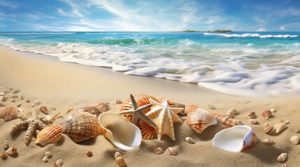 Fototapeta na wymiar Immerse Yourself in the Ultra-Detailed Beauty of a Beach - HD Stock Image with Stunning Accuracy and Vibrant Colors - seashells on the beach, Generative AI