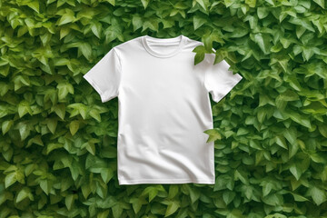 Classic white t-shirt mock up on a green leaves background - obrazy, fototapety, plakaty