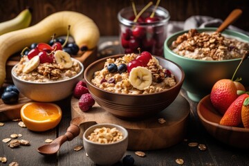 plant-based and vegan breakfast, featuring oatmeal, fruits, and nuts, created with generative ai