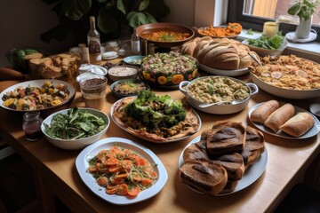 Obraz premium plant-based and vegan feast, with various dishes including salads, soups, and baked goods, created with generative ai