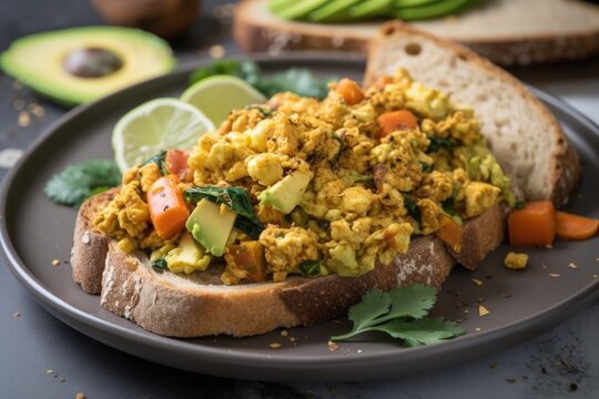 tofu scramble with vegetable mix and avocado on toast, created with generative ai