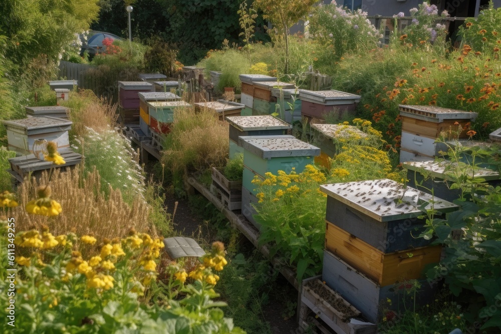 Poster beekeeping garden, with bees filling their hives and pollinating nearby plants, created with generative ai